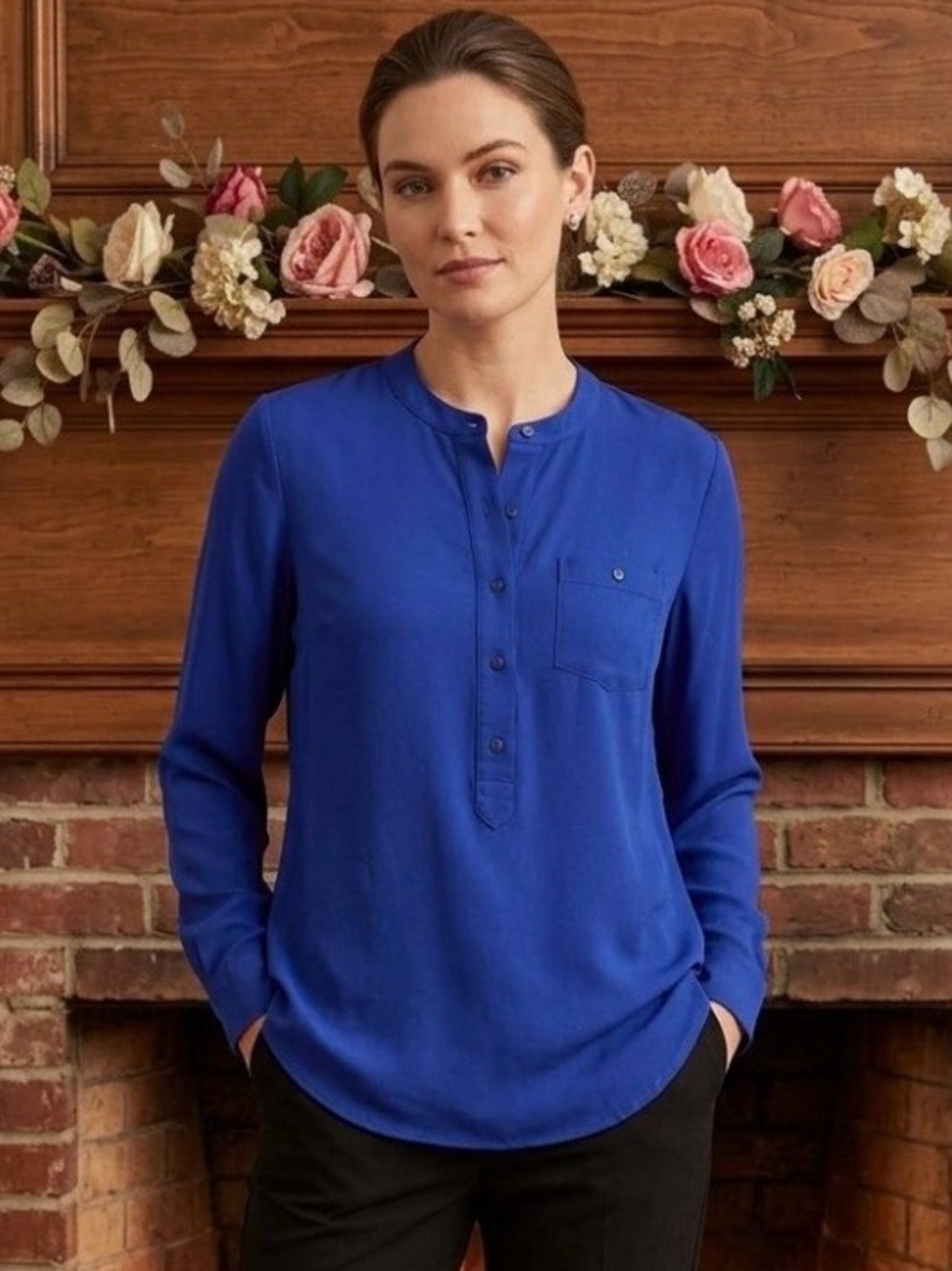 Liz Claiborne Royal Blue Band Collar Button-Front Blouse